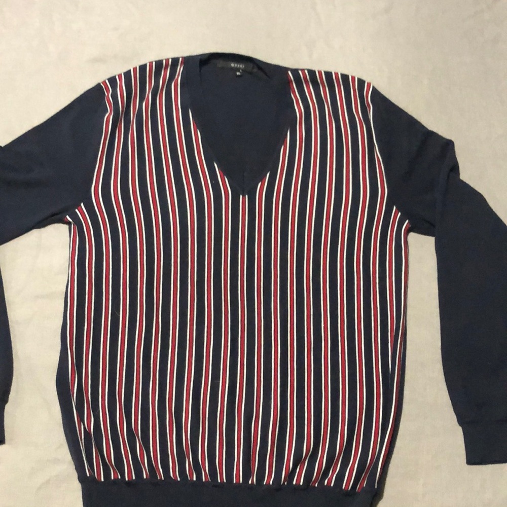 Gucci Navy and Red Striped V-Neck Sweater